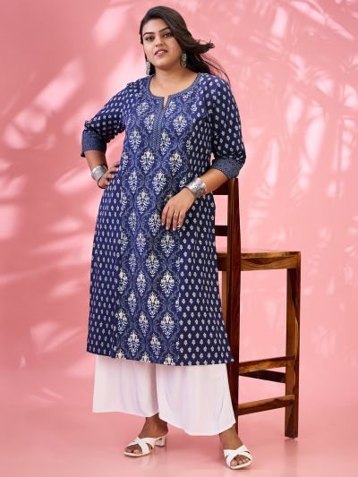 Globus Gloplus Women Blue Round Neck Ethnic & Floral Print Panelled Straight Plus Size Kurta