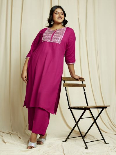 Globus Gloplus Women Pink Sequinned & Embroidered Yoke Straight Plus Size Kurta With Wide Leg Pants Festive Set