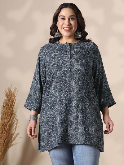 Globus Gloplus Women Blue Mandarin Collar Ethnic Print Button Detail Plus Size Tunic