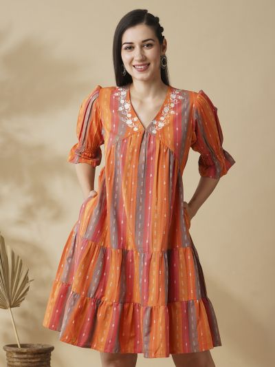 Globus Women Multi Orange Floral Embroidered V-Neck Puff Sleeves Knee Length Tiered Fusion A-Line Dress