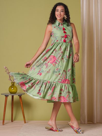 Globus Women Green Shirt Collar Floral Print Tassel Detail Gathered A-Line Tiered Midi Fusion Dress