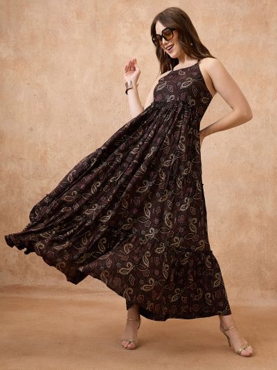Globus Women Black Floral Print Halter Neck Shoulder Strap Fit and Flare Maxi Fusion Dress