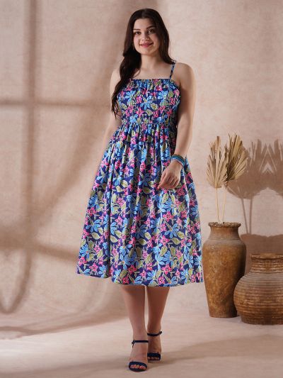 Globus Women Navy Blue Floral Print Square Neck Strappy Shoulder Gathered Fit & Flare Midi Fusion Dress