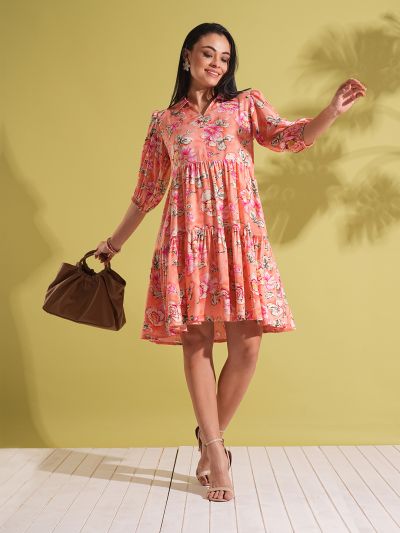 Globus Women Coral Floral Print Shirt Collar Puff Sleeves Tiered Knee Length Fusion Dress 