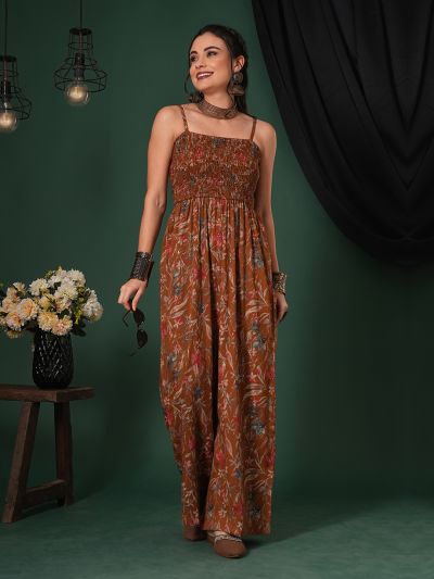 Globus Women Mustard Square Neck Adjustable Strappy Shoulder Smocked Floral Print Fusion Jumpsuit