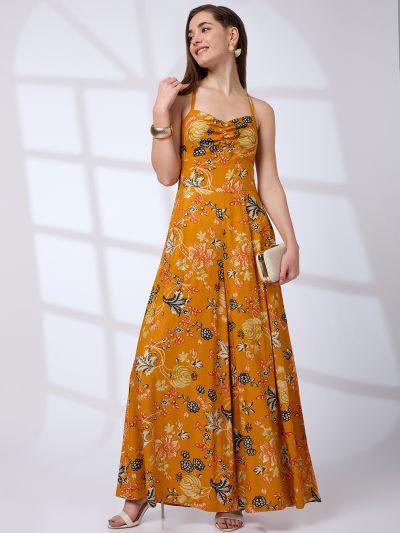 Globus Women Yellow Sweetheart Neck Strappy Shoulder Floral Print Flared Hem Fusion Jumpsuit