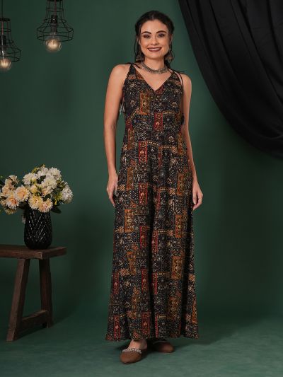 Globus Women Blue V-Neck Tassel Tie-Up Shoulder Straps Ethnic Floral Print Flared Fusion Jumpsuit