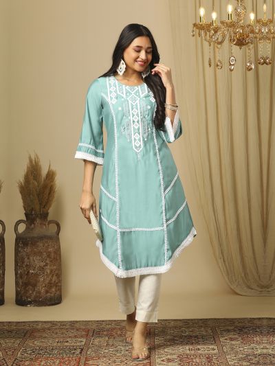 Globus Women Green Embroidered Round Neck Bell Sleeves lace detail  Apple Cut Hem A-Line Calf Length Fusion Kurta