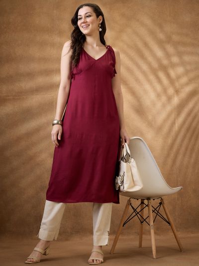 Globus Women Maroon Woven Design Tie-Up Neck A-Line Fusion Kurta