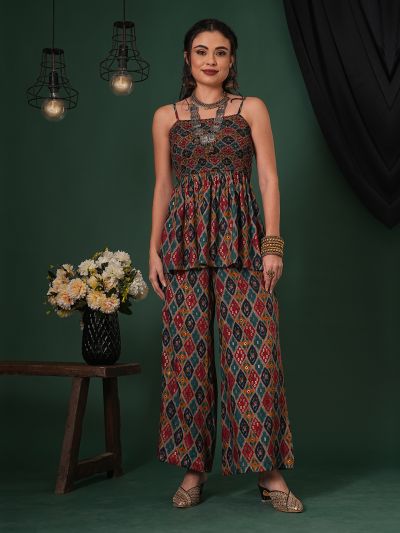 Globus Women Multi-Color Indie Print Strappy Shoulder Smocked Peplum Top & Palazzos Fusion Co-Ord Set