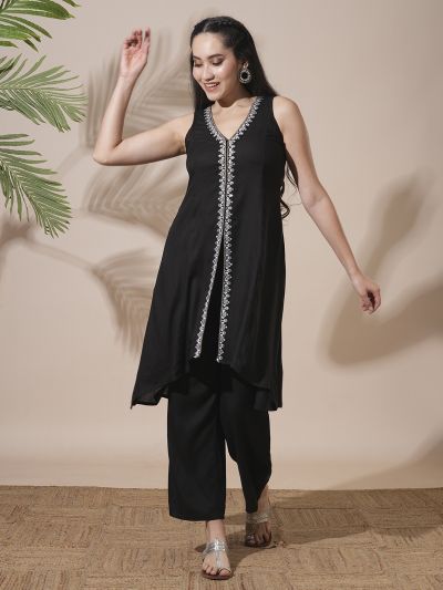 Globus Women Black V-Neck Embroidered & Mirror Work Detail High-Low Hem Front Slits A-Line Kurta With Pant Fusion Wear Set