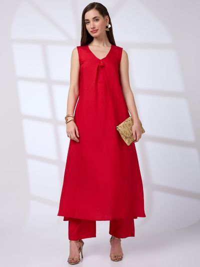 Globus Women Red V-Neck Tassel Detail A-Line Kurta & Straight Pants Fusion Set