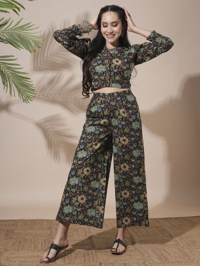 Globus Women Black Frilled V-Neck Floral Print Shirt Style Crop Top With Partially Elasticated Palazzos Fusion Co-Ord Set