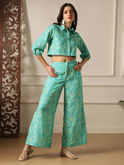 Globus Women Blue Floral Print Bishop Sleeves Crop Shirt & Wide Leg Trousers Fusion Co-Ord Set