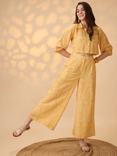 Globus Women Yellow Collared Neck Bishop Sleeves Floral Print Crop Shirt With Palazzos Fusion Co-Ord Set