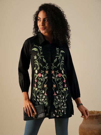 Globus Women Black Shirt Collar Bishop Sleeves Floral Embroidered A-Line Fusion Tunic