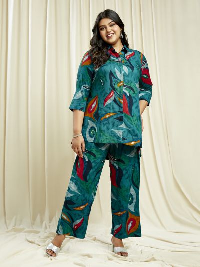 Globus Gloplus Women Teal Abstract Print Shirt Style Tunic with Wide Leg Trousers Plus Size Fusion Co-Ord Set