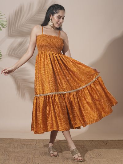 Globus Women Yellow Bandhani Print Strappy Shoulder Smocked Sequin Lace Detailing Tiered Fit & Flare Midi Fusion Dress