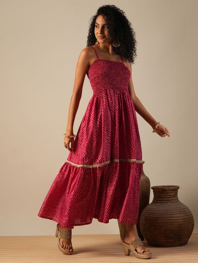 Globus Women Pink Square Neck Strappy Shoulder Bandhani Print Gotta Lace Smocked Tiered Fit & Flare Fusion Maxi Dress