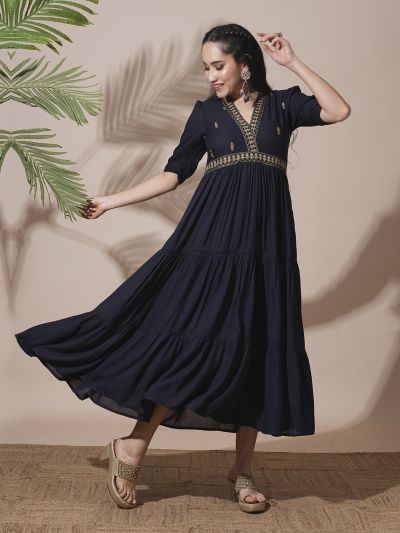 Globus Women Blue Embroidered V-Neck Puff Sleeves Gathered & Tiered A-Line Midi Festive Dress