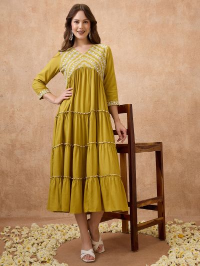 Globus Women Green V-Neck Floral Embroidered Yoke Flared Hem Tiered Alia Cut A-Line Midi Ethnic Dress