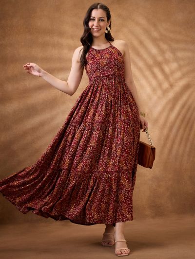 Globus Women Maroon Paisley Print Halter Neck Fit and Flare Tiered Maxi Fusion Dress