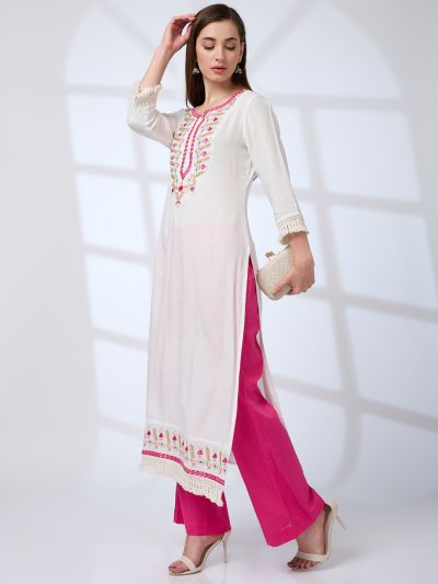 Globus Women Off White Floral Embroidered Yoke Crochet Detail Sleeves Straight Festive Kurta