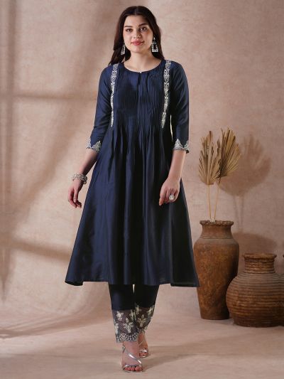 Globus Women Blue Round Neck Embroidered Detail Pleated A-Line Kurta With Lace Hem Pants Festive Set