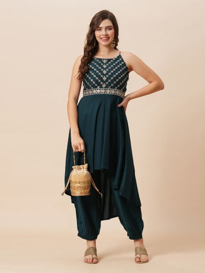 Globus Women Teal Embroidered Round Halter Neck High-Low Hem A-Line Kurta With Fully Elasticated Afghani Pants Festive Set