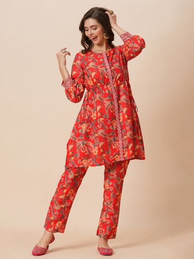 Globus Women Red Round Neck Floral Print Drawstring Detail Tunic With Fully Elasticated Mid-Rise Narrow Pants Fusion Co-Ord Set