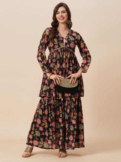 Globus Women Black V-Neck Floral Print Georgette A-Line Alia Cut Tunic With Fully Elasticated Mid-Rise Gharara Fusion Co-Ord Set