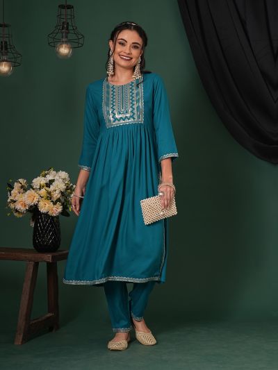 Globus Women Teal Zari & Sequinned Yoke Gathered A-Line Kurta With Straight Pants Festive Set