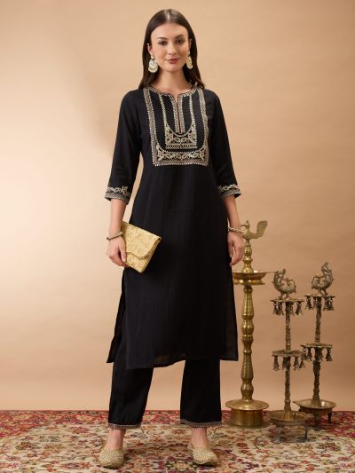 Globus Women Black Round Neck Zari Embroidered Yoke Straight Kurta With Pant Festive Set