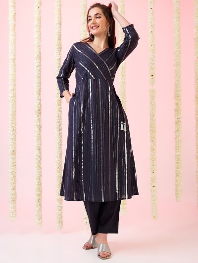 Globus Women Blue Woven Design V-Neck Drawstring Tassel Detail A-Line Kurta & Pants Festive Set