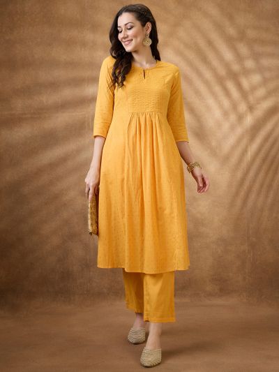 Globus Women Yellow Keyhole Neck Zari Embroidered Yoke Woven Design Pleated A-Line Kurta With Pants Festive Set
