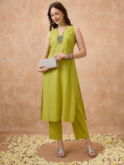 Globus Women Green Gotta Patti Yoke Detail V-Neck Lurex Work Festive Kurta & Straight Pant Set