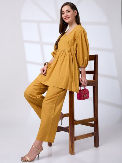 Globus Women Yellow V-Neck Bishop Sleeves Lurex Detail Pattern Tunic With Straight Pants Workwear Co-Ords Set