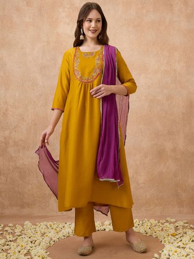 Globus Women Yellow Sequin Embroidered Yoke Gathered A-Line Kurta With Pant & Dupatta Festive set