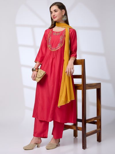 Globus Women Red Floral Embroidered Yoke Mirror Work Pleated A-Line Kurta With Pants & Sequinned Taping Dupatta Festive Set