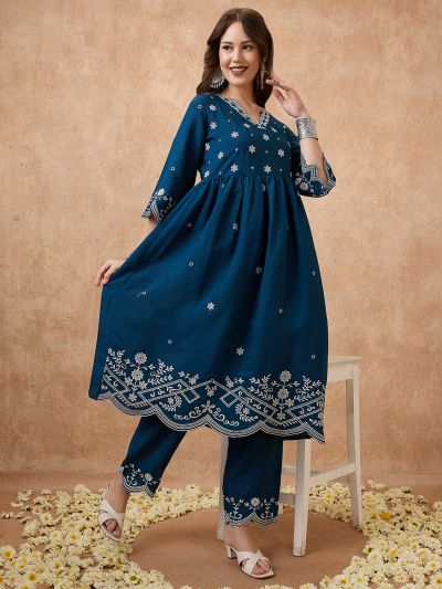 Globus Women Navy Blue Floral Embroidered Work V-Neck Scalloped Hem A-Line Kurta With Pant Festive Set