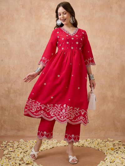 Globus Women Pink Floral Embroidered Work V-Neck Scalloped Hem A-Line Kurta With Pant Festive Set