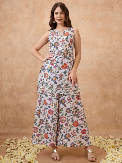 Globus Women White Round Neck Floral Print Lace Insert Tunic with Palazzos Festive Co-Ord Set