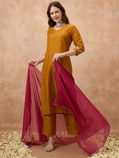 Globus Women Mustard V-Neck Sequinned Straight Kurta With Pant & Contrast Dupatta Festive Set