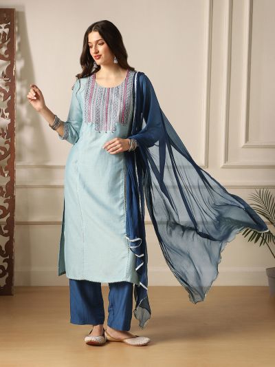 Globus Women Round Neck Embroidered Yoke Straight Kurta With Pant & Dupatta Festive Set