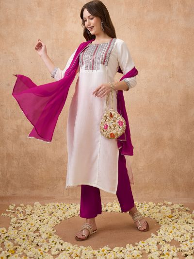 Globus Women Off-White Round Neck Embroidered Yoke Straight Kurta With Pant & Dupatta Ethnic set