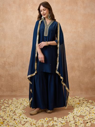 Globus Women Navy Blue Sequin Lace Detail V-Neck Straight Kurta With Sharara & Dupatta Festive Set