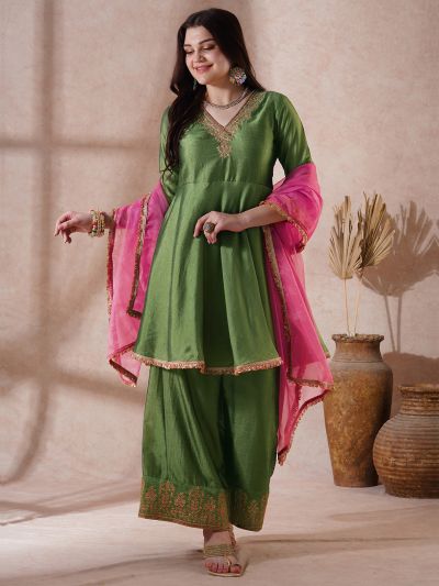 Globus Women Green Embroidered V-Neck Gotta Lace A-Line Kurta With Palazzos & Sequin Taping Dupatta Festive Set