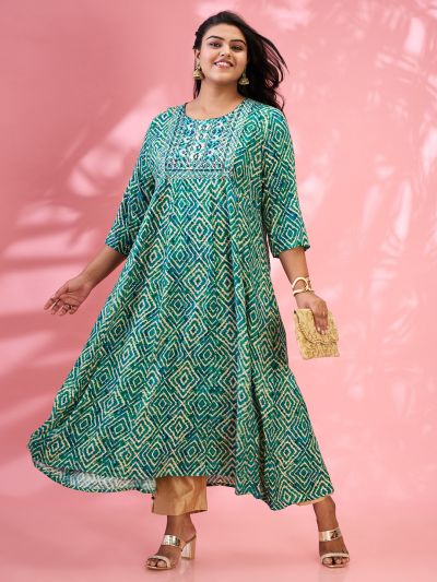 Globus Gloplus Women Green Round Embroidered Yoke Geometric Print Flared Hem Plus Size A-Line Kurta