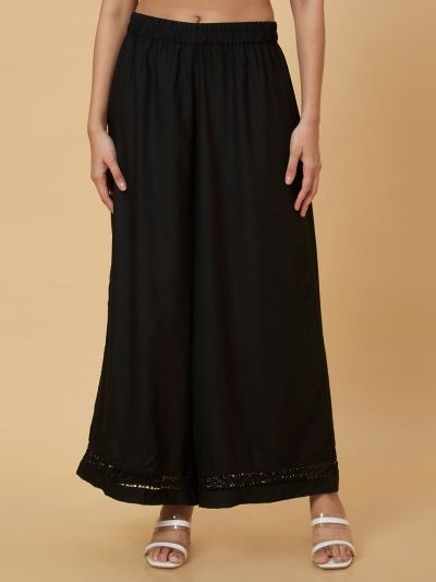 Globus Women Black Floral Lace Hem Design Flared Ethnic Palazzos