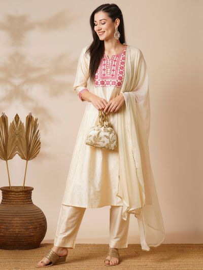 Globus Women Off White Embroidered Yoke Silver Foil Printed A-Line Kurta With Narrow Trousers & Dupatta